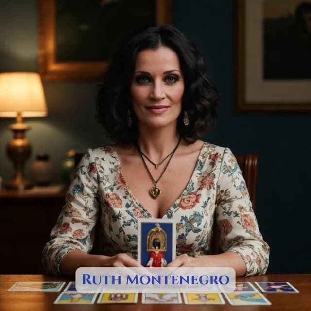 Ruth Montenegro realizando una lectura de cartas del tarot para ofrecer orientación sobre el amor, las relaciones personales y las decisiones importantes de la vida.