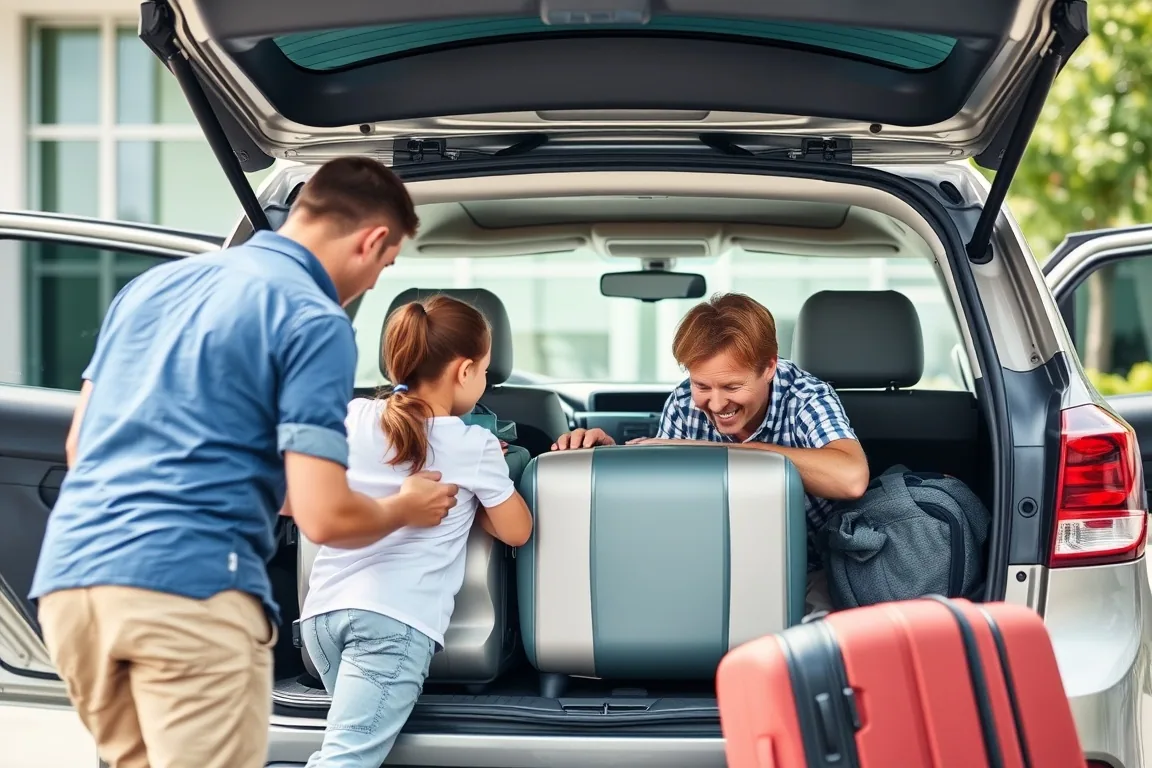 Una familia cargando equipaje en el maletero de un coche de alquiler.