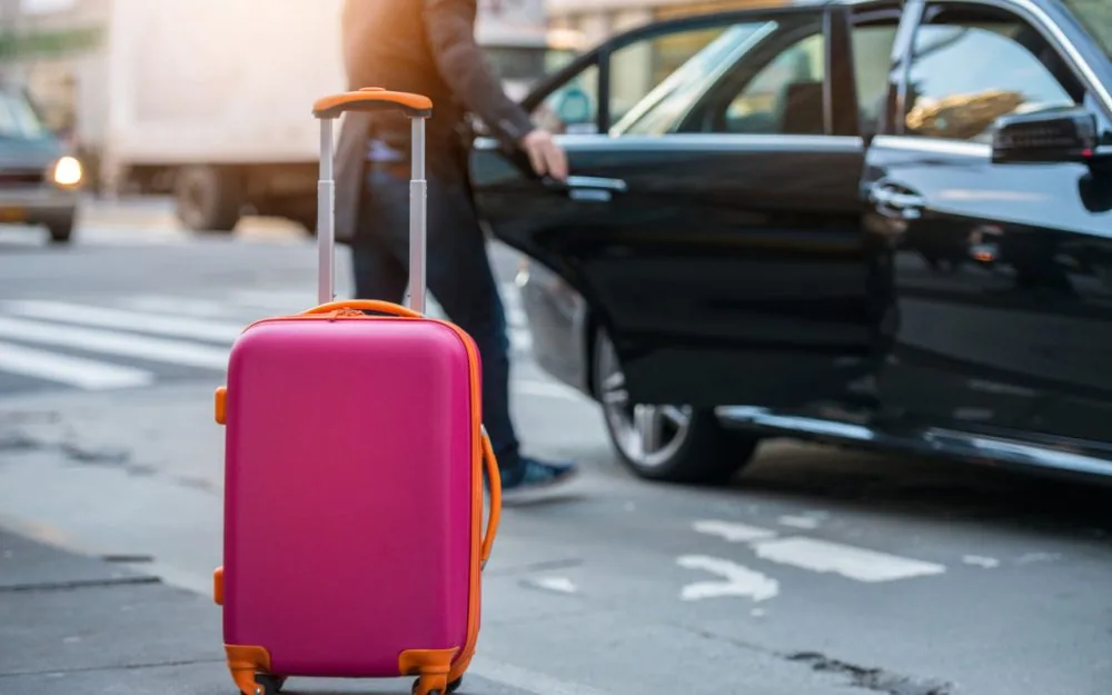 Maleta rosa en la acera junto a un coche negro con la puerta abierta