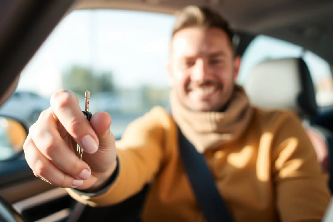 Un cliente sosteniendo las llaves del coche y sonriendo.