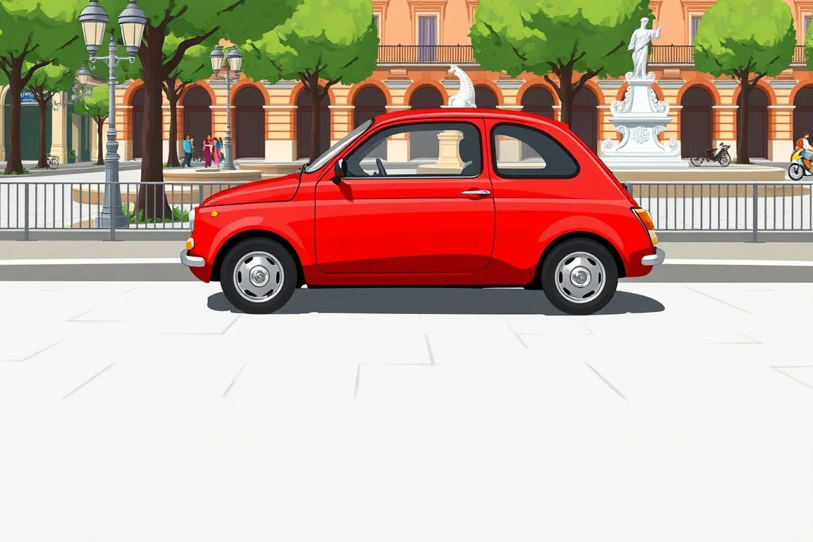 Un coche de alquiler rojo brillante estacionado cerca de la Plaza de España.
