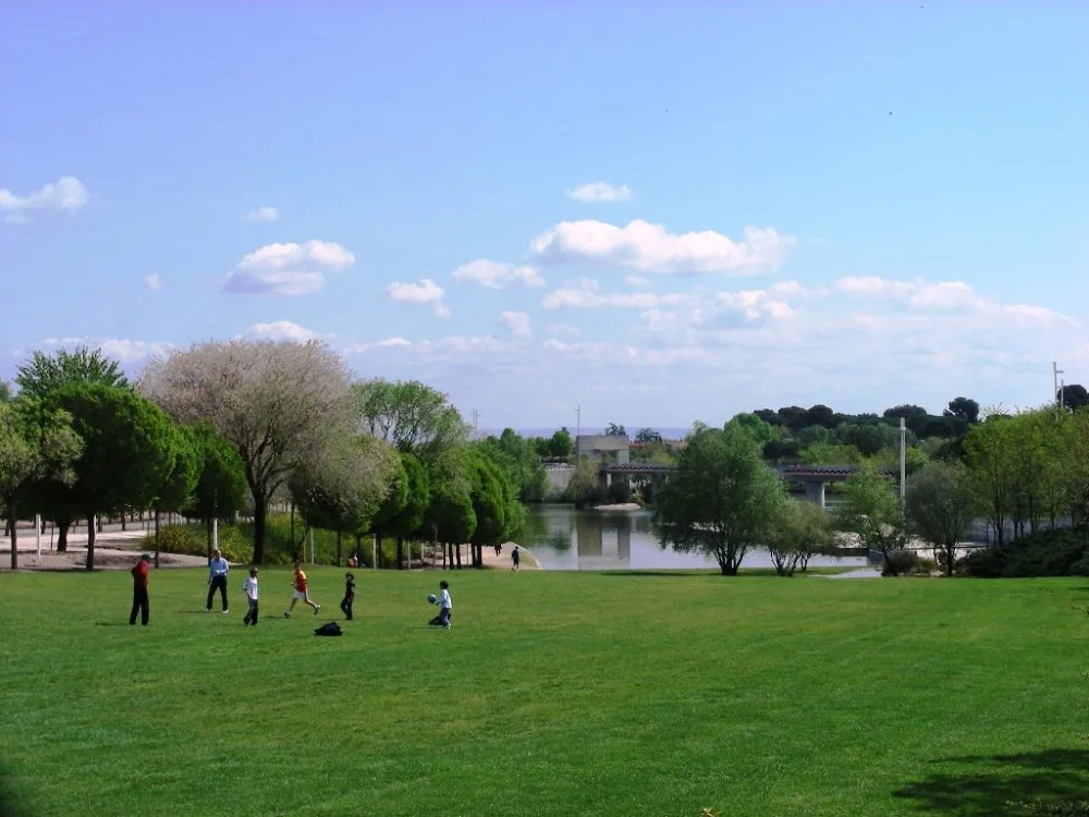 Niños jugando en la pradera del Parque Juan Carlos I, con el lago al fondo